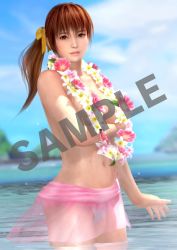 Rule 34 | 3d, alternate costume, beach, breasts, dead or alive, dead or alive 5, dead or alive 5 last round, flower necklace, highres, kasumi (doa), lei, official art, poster (medium), tagme, tecmo, topfreedom, topless