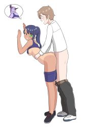 Rule 34 | 1boy, 1girl, absurdres, ass, bare shoulders, bike shorts, black footwear, blue hair, blush, body switch, breasts, brown eyes, brown hair, captain ginyu, crossover, doggystyle, dragon ball, dragonball z, green-tinted eyewear, grin, hachiouji naoto, highres, horns, ijiranaide nagatoro-san, kchic99, long hair, looking at another, looking back, nagatoro hayase, personality switch, scouter, sex, sex from behind, shoes, short shorts, shorts, simple background, smile, sweat, tan, tank top, tanline, teeth, thighs, tinted eyewear, undressing, white background
