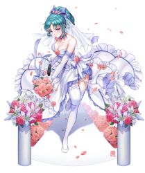 Rule 34 | 1girl, bare shoulders, blue hair, blush, bouquet, bow, box (hotpppink), breasts, bridal veil, choker, cleavage, detached sleeves, dress, earrings, floral print, flower, frilled dress, frills, gem, gun, hair bow, hair ornament, handgun, high heels, holding, holding bouquet, holding weapon, jewelry, lily (flower), long sleeves, looking at viewer, necklace, original, pearl (gemstone), pendant, petals, pink flower, pink rose, pistol, ponytail, purple eyes, red flower, red rose, ribbon, rose, shoes, sig p228/p229, sig sauer, signature, simple background, solo, standing, standing on one leg, striped bow, striped ribbon, thighhighs, veil, weapon, wedding, wedding dress, white background, white footwear, white thighhighs