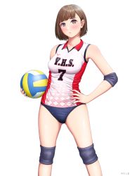 Rule 34 | 1girl, ball, blush, brown eyes, buruma, covered navel, elbow pads, hand on own hip, highres, holding, holding ball, knee pads, looking at viewer, original, purple eyes, short hair, simple background, solo, sportswear, standing, volleyball, volleyball (object), white background, yurashima