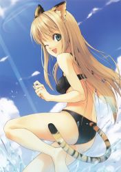 Rule 34 | 1girl, ;d, absurdres, animal ears, ass, bare shoulders, barefoot, bikini, black bikini, blonde hair, blue sky, cloud, day, green eyes, highres, light rays, long hair, looking back, luna (reclaimed land), one eye closed, open mouth, original, outdoors, scan, sky, smile, solo, splashing, sunbeam, sunlight, swimsuit, tail, tiger ears, tiger tail, wading, water, wink