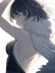 Rule 34 | 1girl, arm up, armpits, back, backless outfit, backlighting, bare arms, bare back, bare shoulders, black hair, blue eyes, braid, breasts, earrings, eyelashes, from side, fur-trimmed jacket, fur trim, genshin impact, highres, jacket, jacket on shoulders, jewelry, light particles, looking at viewer, medium breasts, misaki (mskmmti), parted lips, profile, short hair, shoulder blades, sideways glance, simple background, solo, upper body, white background, yelan (genshin impact)