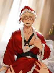 Rule 34 | 2boys, bakugou katsuki, bdsm, bed sheet, bedroom, blonde hair, boku no hero academia, bulge, chest harness, chrispplus, christmas, christmas tree, clothes pull, collarbone, curtains, erection, erection under clothes, fur-trimmed headwear, fur trim, hands on another&#039;s thighs, harness, hat, highres, male focus, midoriya izuku, multiple boys, out of frame, pectoral cleavage, pectorals, raised eyebrow, red eyes, santa costume, santa hat, scar, scar on hand, smirk, spiked hair, yaoi