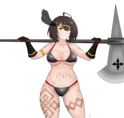 Rule 34 | 1girl, abs, absurdres, amazon (dragon&#039;s crown), amazon (dragon&#039;s crown) (cosplay), amazon warrior, armlet, armor, azur lane, baltimore (azur lane), bikini armor, breasts, brown hair, circlet, cosplay, dragon&#039;s crown, feather hair ornament, feathers, fitz (3252), hair ornament, halberd, highres, huge weapon, large breasts, looking at viewer, muscular, muscular female, polearm, scar, short hair, simple background, solo, standing, tattoo, thighs, weapon, yellow eyes