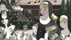 Rule 34 | 4girls, :&lt;, :d, animal, animal on shoulder, bag, bag on head, barrel, bird, blonde hair, blue eyes, brown eyes, brown hair, bucket, chicken, chicken coop, clumsy nun (diva), corn, crow, diva (hyxpk), duck, duckling, feeding, food, food on head, frog, froggy nun (diva), habit, hand up, heart, hedge, highres, holding, holding bucket, in container, little nuns (diva), multiple girls, nun, object on head, on roof, open mouth, paper bag, popcorn, rooftop, screen door, shaded face, sign, smile, spicy nun (diva), strict nun (diva), sweatdrop, tinted eyewear, traditional nun, tree, veil, wall, wooden chair, wooden wall, yellow eyes