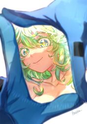 Rule 34 | 1girl, anezu, artist name, blue gloves, blurry, blurry foreground, boku no hero academia, colored eyelashes, commentary, curly hair, eyelashes, finger frame, foreshortening, gloves, green eyes, green hair, hagakure tooru, looking at viewer, smile, solo, upper body