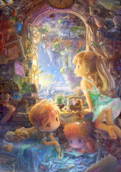 Rule 34 | 1girl, 2boys, barefoot, bed, bed sheet, blonde hair, blue eyes, book, buttons, calendar (object), cat, chair, character request, child, clock, colorful, cup, doll, dress, fish, highres, leaf, lying, map, multiple boys, on bed, on stomach, orange hair, original, panties, pantyshot, pen, pencil, petals, photo (object), red eyes, room, sky, star (symbol), teruterubouzu, tree, tsukushi akihito, underwear
