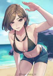Rule 34 | 1girl, absurdres, armpits, bare arms, bare shoulders, beach, bikini, bikini under clothes, black eyes, blue shorts, breasts, brown hair, cleavage, collarbone, commentary request, goggles, goggles around neck, hand up, highres, kagematsuri, large breasts, leaning forward, mature female, navel, ocean, original, outdoors, parted lips, short hair, short shorts, shorts, smile, solo, stomach, swim goggles, swimsuit, thighs, twitter username, water