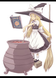 Rule 34 | 1girl, apron, blonde hair, book, bow, broom, cauldron, cooking, female focus, frills, fujii toshiaki, full body, hat, kirisame marisa, letterboxed, long hair, mary janes, oversized object, pot, shoes, simple background, solo, touhou, witch hat