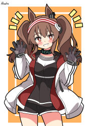 Rule 34 | 1girl, :d, absurdres, angelina (arknights), animal ears, arknights, artist name, black outline, black shirt, black shorts, blush, border, bright pupils, brown eyes, brown hair, cel shading, commentary request, cowboy shot, ear ornament, gloves, grey gloves, grin, hairband, hands up, hendra, highres, infection monitor (arknights), jacket, long hair, long sleeves, looking at viewer, notice lines, open clothes, open jacket, open mouth, orange background, outline, outside border, partial commentary, red hairband, shirt, short shorts, shorts, signature, simple background, smile, solo, split mouth, standing, twintails, waving, white border, white hairband, white jacket, white pupils