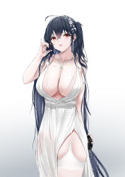 Rule 34 | 1girl, absurdres, azur lane, backless dress, backless outfit, bare shoulders, black hair, breasts, center opening, cocktail dress, dress, earrings, evening gown, garter straps, grey background, hair between eyes, hair ornament, hair strand, highres, huge breasts, jewelry, long hair, looking at viewer, mianbaoren, necklace, official alternate costume, plunging neckline, red eyes, see-through, see-through dress, simple background, sleeveless, sleeveless dress, taihou (azur lane), taihou (temptation on the sea breeze) (azur lane), thighhighs, very long hair, wedding dress, white dress, white thighhighs
