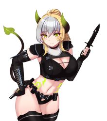 Rule 34 | 1girl, absurdres, animal ears, black thighhighs, blonde hair, breasts, cleavage, commission, demon, demon girl, demon horns, demon tail, from side, full body, fxf4, green eyes, highres, horns, kanta (kanta 077), large breasts, long hair, looking at viewer, multicolored hair, neon green, original, ponytail, smile, solo, streaked hair, tail, tattoo, thighhighs, transparent background, white hair