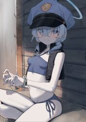 Rule 34 | 1girl, absurdres, bikini, black vest, blue archive, blue bikini, blue hair, blush, bound, bound wrists, breasts, cuffs, hair over eyes, handcuffs, hat, highres, light blue hair, looking at viewer, peaked cap, petite, small breasts, smile, solo, swimsuit, syhan, twintails, valkyrie police academy student (blue archive), vest