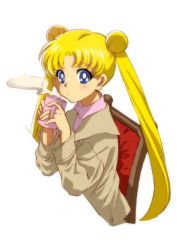 Rule 34 | 1girl, anime coloring, bad id, bad pixiv id, bishoujo senshi sailor moon, blonde hair, blowing, blue eyes, chair, cup, double bun, hair bun, jacket, matyaha, official style, solo, steam, teacup, tsukino usagi, twintails, white background