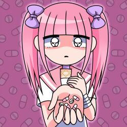 Rule 34 | 1girl, :o, bandaged arm, bandages, black eyes, blunt bangs, bow, collar, ezaki bisuko, hair bow, hand on own chest, hexagram, holding pill, jewelry, looking at viewer, medicine, menhera-chan (ezaki bisuko), menhera-chan (ezaki bisuko) (character), necklace, open mouth, outer glow, patterned background, pill, pink background, pink hair, pink sailor collar, purple bow, purple collar, sailor collar, school uniform, serafuku, shaded face, short sleeves, sidelocks, solo, star of david, twintails, white serafuku