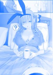 Rule 34 | 1boy, 1girl, :o, ?, animal ears, bed, blue theme, breasts, character request, cleavage, collarbone, commentary request, cup, fake animal ears, getsuyoubi no tawawa, hair over eyes, hairband, half-closed eyes, highres, himura kiseki, holding, holding cup, large breasts, leotard, maegami-chan (tawawa), messy hair, monochrome, on bed, pajamas, pillow, playboy bunny, rabbit ears, short hair, short sleeves, spoken question mark, squeans, yawning
