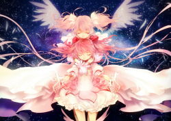Rule 34 | 10s, 2girls, alternate costume, alternate hairstyle, choker, closed eyes, dress, dual persona, feathers, galaxy, gloves, glowing, highres, hug, hug from behind, kaname madoka, light smile, long hair, mahou shoujo madoka magica, mahou shoujo madoka magica (anime), multiple girls, outstretched arms, pink eyes, pink hair, puffy sleeves, short hair, space, spoilers, tamachi kuwa, transparent, twintails, ultimate madoka, very long hair, white dress, white gloves, wings
