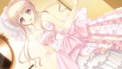 Rule 34 | 1girl, bare arms, bare shoulders, blonde hair, blush, braid, breasts, dress, dutch angle, eyebrows, game cg, hair bun, hair ornament, happy, indoors, jewelry, long hair, looking at viewer, meryl lynch, mirror, necklace, nishimata aoi, open mouth, otome riron to sonogo no shuuhen: belle u00e9poque, red eyes, single hair bun, smile, solo, standing, strapless, suzuhira hiro