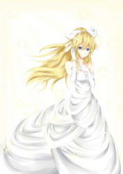 Rule 34 | 10s, 1girl, absurdres, aerlai, bare shoulders, blind, blonde hair, blue eyes, dress, elbow gloves, gloves, hair between eyes, twirling hair, hand in own hair, highres, katawa shoujo, long hair, looking at viewer, satou lilly, simple background, smile, solo, wedding dress, white background