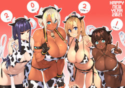 Rule 34 | 2021, 23 (real xxiii), 4girls, absurdres, ahoge, animal ears, animal print, bell, belt, bikini, black bel, black gloves, black skin, black thighhighs, blue eyes, blunt bangs, blush, breasts, brown-haired girl (23), brown hair, chinese zodiac, choker, clenched teeth, colored skin, commentary request, cow ears, cow horns, cow print, cow print bikini, cow tail, dark-skinned female, dark skin, elbow gloves, fake animal ears, fake horns, female focus, fingerless gloves, flat-chested girl (23), garter straps, gloves, gradient background, happy new year, highres, horns, huge breasts, index finger raised, jewelry, large breasts, long hair, looking at viewer, medium breasts, multiple girls, navel, neck bell, necktie, new year, original, print bikini, print gloves, print thighhighs, purple hair, red background, red eyes, ring, sela (23), short hair, smile, swimsuit, tail, tan, teeth, thighhighs, ursula (23), v, wedding band, white choker, white gloves, wife and wife, year of the ox
