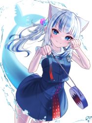 Rule 34 | 1girl, :3, animal ears, blue dress, blue eyes, blush, cat ears, collarbone, cowboy shot, cube hair ornament, dress, dutch angle, extra ears, fang, fang out, fins, fish tail, gawr gura, gawr gura (casual), hair ornament, hands up, highres, hololive, hololive english, inari (ambercrown), long hair, looking at viewer, multicolored hair, official alternate costume, one side up, paw pose, shark tail, silver hair, simple background, skin fang, solo, streaked hair, tail, virtual youtuber, water, white background