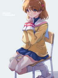 Rule 34 | 1girl, akayama yukihe, between legs, blazer, blue skirt, blush, brown eyes, brown hair, character name, clannad, commentary request, eyes visible through hair, full body, furukawa nagisa, grey background, hair between eyes, hair ornament, hairclip, head out of frame, highres, interlocked fingers, jacket, kneehighs, looking at viewer, miniskirt, nissin cup noodle, on chair, open mouth, own hands together, pleated skirt, sailor collar, shoes, sidelighting, simple background, sitting, skirt, sleeves past wrists, socks, solo, thighs, unworn shoes, white footwear, white sailor collar, white socks, yellow jacket