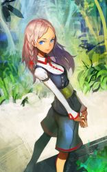 Rule 34 | 1girl, black pantyhose, blue eyes, braid, collared shirt, from behind, from side, long hair, looking at viewer, looking back, nababa, original, pantyhose, pink hair, plant, shirt, shorts, side braid, single braid, solo