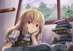 Rule 34 | 1girl, backlighting, bad id, bad pixiv id, black vest, blonde hair, blurry, book, book stack, cloud, cloudy sky, day, depth of field, desk, expressionless, forest, hand on own cheek, hand on own face, indoors, kirisame marisa, long hair, mini-hakkero, nature, ookashippo, open book, rain, shirt, short sleeves, sky, solo, touhou, tree, turtleneck, vest, white shirt, window, windowsill, yellow eyes