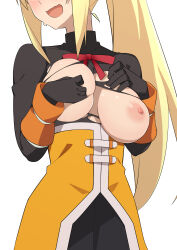 Rule 34 | 1girl, black gloves, blonde hair, blush, bodysuit, breasts, darkness (konosuba), gloves, hands up, head out of frame, highres, kono subarashii sekai ni shukufuku wo!, large breasts, long hair, morisobo, neck ribbon, nipples, open mouth, ponytail, ribbon, sidelocks, simple background, solo, sweatdrop, torn bodysuit, torn clothes, upper body, very long hair, white background