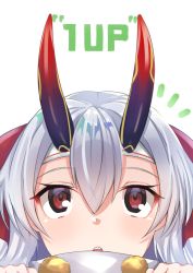 Rule 34 | 1girl, 1up, bow, commentary request, eyelashes, fate/grand order, fate (series), hair between eyes, hair bow, head only, headband, horns, horns through headwear, looking up, oni horns, open mouth, parody, red bow, red eyes, red horns, silver hair, solo, surprised, tapioka (oekakitapioka), tomoe gozen (fate), white background