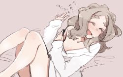 Rule 34 | 1girl, :d, ^ ^, brown hair, chibikko (morihito), closed eyes, closed eyes, highres, long hair, lying, morihito, off shoulder, on back, open mouth, original, sketch, smile, solo, sweater, thick eyebrows, wavy hair