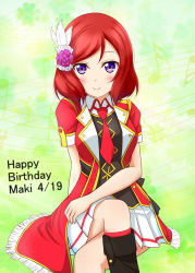Rule 34 | 1girl, artist request, bokura no live kimi to no life, crossed legs, feather hair ornament, feathers, female focus, hair ornament, happy birthday, idol, long hair, looking at viewer, love live!, love live! school idol project, musical note, necktie, nishikino maki, purple eyes, red hair, red necktie, short necktie, short sleeves, smile, solo, standing, white feathers