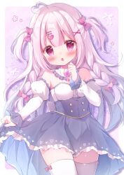 Rule 34 | 1girl, ahoge, blush, bow, bow legwear, braid, brooch, chestnut mouth, cowboy shot, detached sleeves, dress, hair bow, hair ornament, hairclip, hanasakichu, heart, heart ahoge, highres, jewelry, juliet sleeves, long hair, long sleeves, looking at viewer, open mouth, original, pink eyes, pink hair, puffy sleeves, skirt hold, solo, strapless, strapless dress, thighhighs, twin braids, two side up, very long hair