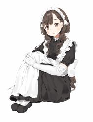 Rule 34 | 1girl, apron, bad id, bad pixiv id, black footwear, blush, brown eyes, brown hair, dress, elbow gloves, full body, gloves, hair ornament, hairclip, head tilt, highres, knees up, long dress, long hair, looking at viewer, maid, maid headdress, ongyageum, open mouth, original, puffy short sleeves, puffy sleeves, shoes, short sleeves, simple background, sitting, solo, white background, white gloves, white legwear
