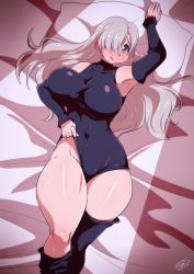 Rule 34 | 1girl, armpits, bed, blue eyes, blush, breasts, curvy, detached sleeves, elizabeth liones, groin, hair over one eye, large breasts, leotard, long hair, lying, nanatsu no taizai, navel, on bed, pillow, ryou sakai, shiny skin, silver hair, skin tight, solo, thick thighs, thighs, wide hips