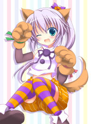 Rule 34 | 1girl, ;d, alternate costume, animal ears, blue eyes, halloween, kashiwadokoro, kemonomimi mode, long hair, looking at viewer, mononobe no futo, one eye closed, open mouth, ponytail, shorts, silver hair, smile, solo, striped clothes, striped thighhighs, tail, thighhighs, touhou, wolf ears, wolf tail, zettai ryouiki