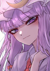 Rule 34 | 1girl, 33 gaff, closed mouth, collared shirt, dress, hand up, hat, long hair, looking at viewer, necktie, patchouli knowledge, purple eyes, purple hair, red necktie, shirt, smile, solo, touhou, upper body, white background, yellow dress