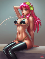Rule 34 | 1girl, arm support, arm up, bikini, black bikini, bow, breasts, bukkake, cum, cum on body, cum on breasts, cum on upper body, facial, genkai zero, green eyes, hair bow, long hair, looking at viewer, navel, open mouth, original, pink hair, projectile cum, sitting, solo, stomach, swimsuit, thighhighs