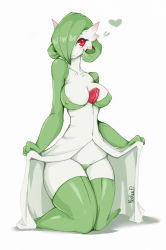 Rule 34 | 1girl, :o, areola slip, blush, breasts, clothes lift, colored skin, covered navel, creatures (company), dress, dress lift, full body, game freak, gardevoir, gen 3 pokemon, green hair, heart, kneeling, krakenparty, nintendo, no humans, pokemon, pokemon (creature), red eyes, simple background, solo, thighhighs, thighs, white background, white skin