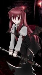 1girl :o arm_ribbon axe bat_wings black_pantyhose black_skirt black_tail black_vest black_wings blush breasts candle collared_shirt dark demon_tail dot_nose dress_shirt hair_between_eyes hair_intakes head_wings holding holding_axe juliet_sleeves koakuma leaning_forward long_hair long_sleeves low_wings necktie nose_blush pantyhose parted_lips puffy_sleeves red_eyes red_hair red_necktie red_ribbon ribbon sconce shirt sidelocks skirt skirt_set small_breasts tail tearing_up touhou unshu_mikan very_long_hair vest weapon white_shirt wing_collar wings wooden_floor wrist_ribbon