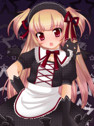 Rule 34 | 1girl, apron, black gloves, blonde hair, blush, cat, fang, gloves, maid, maid apron, maid headdress, original, red eyes, solo, star (symbol), starry background