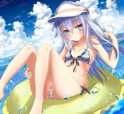 Rule 34 | 10s, 1girl, aruka (alka p1), badge, bare shoulders, bikini, blue eyes, blue sky, blush, breasts, cloud, cloudy sky, collarbone, day, dutch angle, flat cap, food, hammer and sickle, hat, hibiki (kancolle), ice cream, innertube, kantai collection, looking at viewer, ocean, outdoors, popsicle, silver hair, sky, small breasts, smile, solo, star (symbol), striped bikini, striped clothes, swim ring, swimsuit, verniy (kancolle), water
