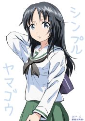 Rule 34 | 1girl, absurdres, artist name, bag, black hair, black neckerchief, blouse, blue eyes, carrying over shoulder, commentary, dated, freckles, girls und panzer, green skirt, highres, light frown, long hair, long sleeves, neckerchief, one-hour drawing challenge, ooarai school uniform, parted lips, school bag, school uniform, serafuku, shirt, simple background, skirt, solo, tonan leopard, translated, white background, white shirt, yamagou ayumi
