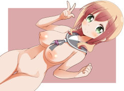 Rule 34 | 10s, 1girl, bad id, bad pixiv id, blonde hair, blush, breasts, cleft of venus, green eyes, inverted nipples, large breasts, long hair, looking at viewer, naruse mai, navel, nipples, nude, pink background, pussy, sailor collar, simple background, slow start, smile, solo, thigh gap, tokura eiko, uncensored, v