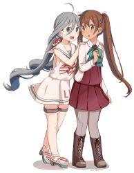 Rule 34 | 2girls, ahoge, bad id, bad twitter id, bare legs, blue eyes, blue hair, boots, bow, bowtie, brown hair, cosplay, costume switch, dress, grey eyes, grey hair, hair ribbon, hands on another&#039;s shoulders, highres, kantai collection, kiyoshimo (kancolle), kiyoshimo (kancolle) (cosplay), libeccio (kancolle), libeccio (kancolle) (cosplay), long hair, looking at viewer, low twintails, multicolored hair, multiple girls, neckerchief, open mouth, pantyhose, pleated skirt, ribbon, riz (ravel dc), sailor dress, school uniform, serafuku, skirt, skirt hold, sleeveless, sleeveless dress, striped neckerchief, thigh strap, twintails, twitter username