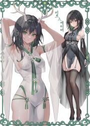 Rule 34 | 1girl, antlers, black footwear, black hair, black thighhighs, braid, breasts, closed mouth, detached sleeves, dress, eyelashes, garter straps, green eyes, green hair, grey dress, hair between eyes, hand on own chest, high heels, highres, horns, korean commentary, korean text, medium breasts, mole, mole under mouth, multiple views, original, parted lips, pelvic curtain, side braid, simple background, standing, tassel, thighhighs, white dress, whois, wide sleeves
