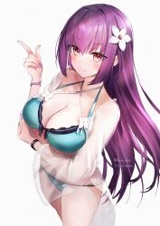 Rule 34 | 1girl, absurdres, bare shoulders, bikini, black bikini, blush, breasts, cleavage, collarbone, fate/grand order, fate (series), flower, green bikini, hair between eyes, hair flower, hair ornament, hane yuki, highres, index finger raised, large breasts, long hair, long sleeves, looking at viewer, open clothes, open shirt, purple hair, red eyes, scathach (fate), scathach skadi (fate), scathach skadi (swimsuit ruler) (fate), scathach skadi (swimsuit ruler) (final ascension) (fate), see-through, smile, solo, swimsuit, thighs, two-tone bikini