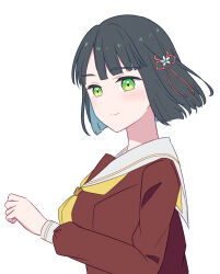 Rule 34 | 1girl, absurdres, black hair, blunt bangs, blunt ends, brown dress, clenched hand, closed mouth, dress, flower, green eyes, hair flower, hair ornament, hand up, hasu no sora school uniform, highres, link! like! love live!, long sleeves, love live!, momose ginko, neckerchief, reason3 s, sailor collar, sailor dress, school uniform, short hair, simple background, smile, solo, split mouth, upper body, virtual youtuber, white background, white sailor collar, winter uniform, yellow neckerchief