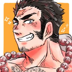 Rule 34 | 1boy, absurdres, bara, bead necklace, beads, blush, cross scar, facial hair, goatee stubble, grin, highres, houzouin oniwaka, jewelry, long sideburns, looking at viewer, male focus, multicolored hair, muscular, muscular male, necklace, nude, pectorals, portrait, scar, scar on face, scar on forehead, short hair, sideburns, smile, solo, sparse chest hair, stubble, thick eyebrows, tokyo houkago summoners, two-tone hair, yokujitsu (yokuzi 41)