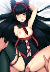 Rule 34 | 10s, 1boy, 1girl, arm up, armpits, bare shoulders, bed sheet, black hair, black thighhighs, blunt bangs, bow, breasts, censored, clothing aside, detached collar, eye contact, garter straps, gate - jieitai ka no chi nite kaku tatakaeri, hair bow, happy sex, hetero, highres, hime cut, long hair, looking at another, looking at viewer, lying, medium breasts, mosaic censoring, nipples, on back, one eye closed, open mouth, panties, panties aside, penis, pov, red eyes, rory mercury, sex, single thighhigh, solo focus, spread legs, thighhighs, tongue, tony guisado, underwear, vaginal, very long hair